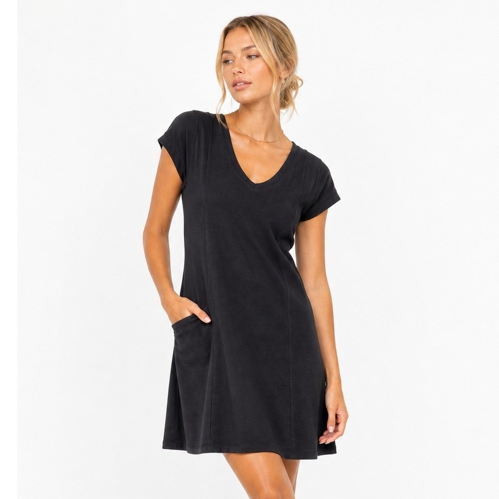 Toad&Co Dress Womens Medium Black Aquaculture SS V-Neck Side Zip Pocket Stretch